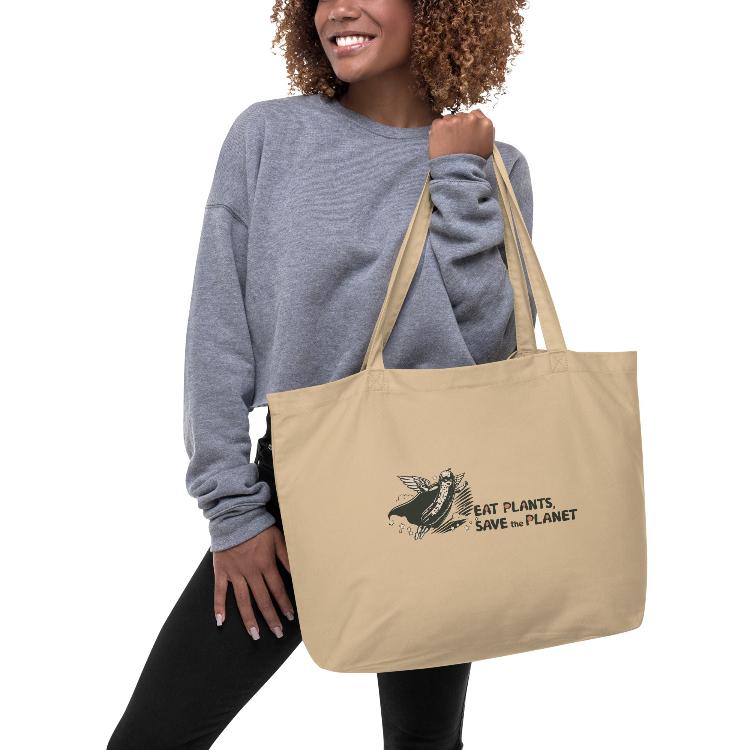 Large Organic Tote Bag - 30-Day Plant-Based Challenge - Eat Plants, Save the Planet - Print