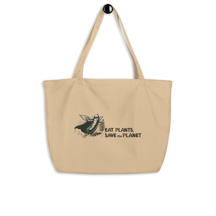 Large Organic Tote Bag - 30-Day Plant-Based Challenge - Eat Plants, Save the Planet - Print