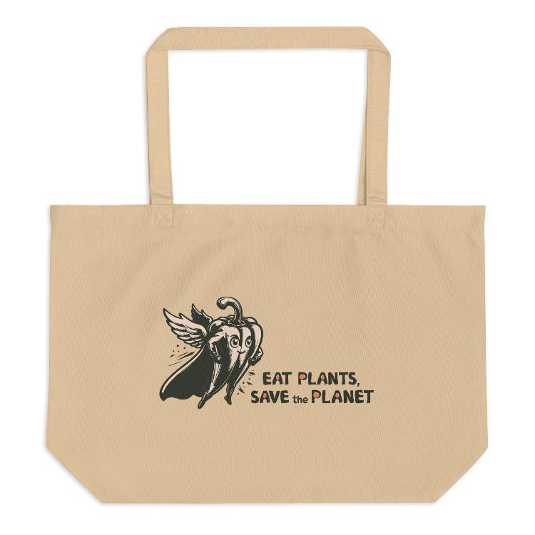 Large Organic Tote Bag - 30-Day Plant-Based Challenge - Eat Plants, Save the Planet - Print