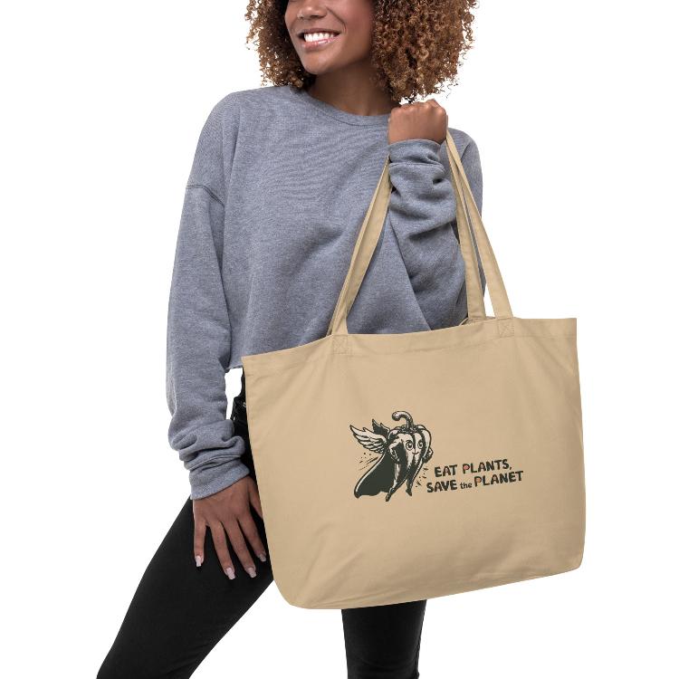 Large Organic Tote Bag - 30-Day Plant-Based Challenge - Eat Plants, Save the Planet - Print