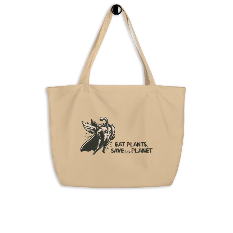 Large Organic Tote Bag - 30-Day Plant-Based Challenge - Eat Plants, Save the Planet - Print