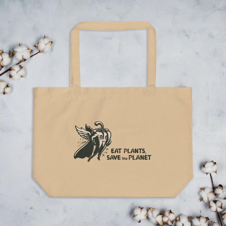 Large Organic Tote Bag - 30-Day Plant-Based Challenge - Eat Plants, Save the Planet - Print