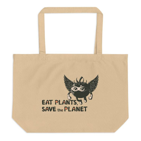 Large Organic Tote Bag - 30-Day Plant-Based Challenge - Eat Plants, Save the Planet - Print