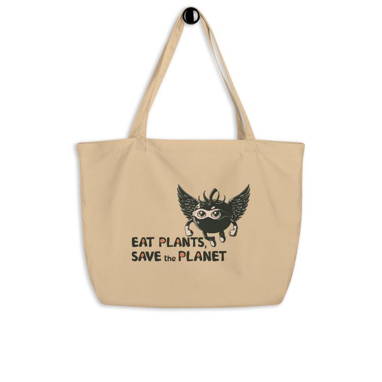 Large Organic Tote Bag - 30-Day Plant-Based Challenge - Eat Plants, Save the Planet - Print