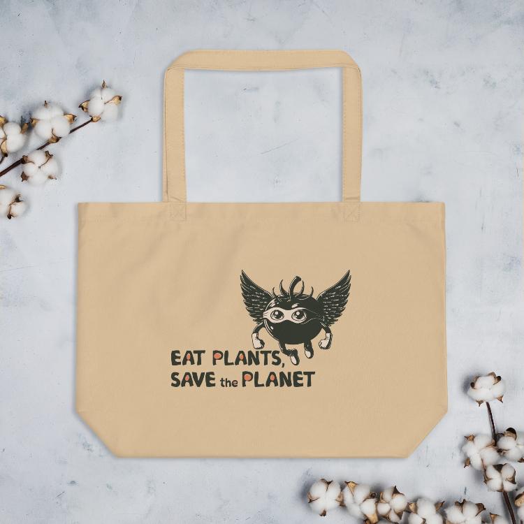 Large Organic Tote Bag - 30-Day Plant-Based Challenge - Eat Plants, Save the Planet - Print