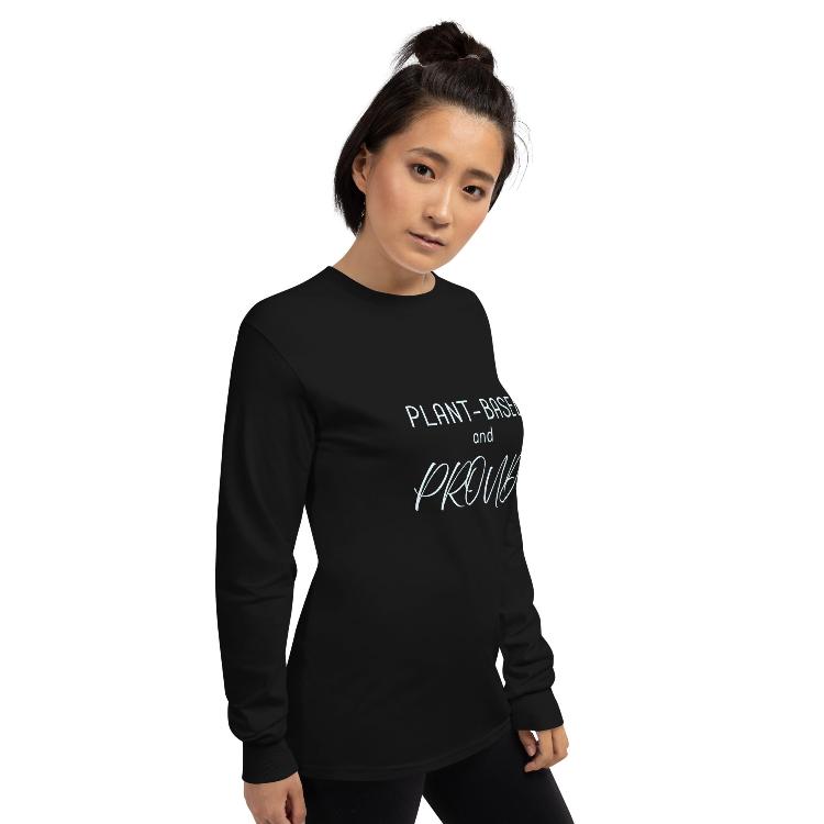 Comfortable long sleeve shirt with 'Plant-Based and Proud' slogan and animal paw prints