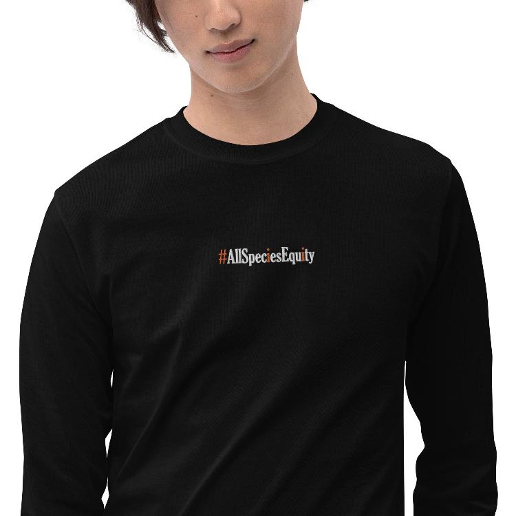 Long sleeve shirt with #AllSpeciesEquity embroidery and paw prints symbolizing unity