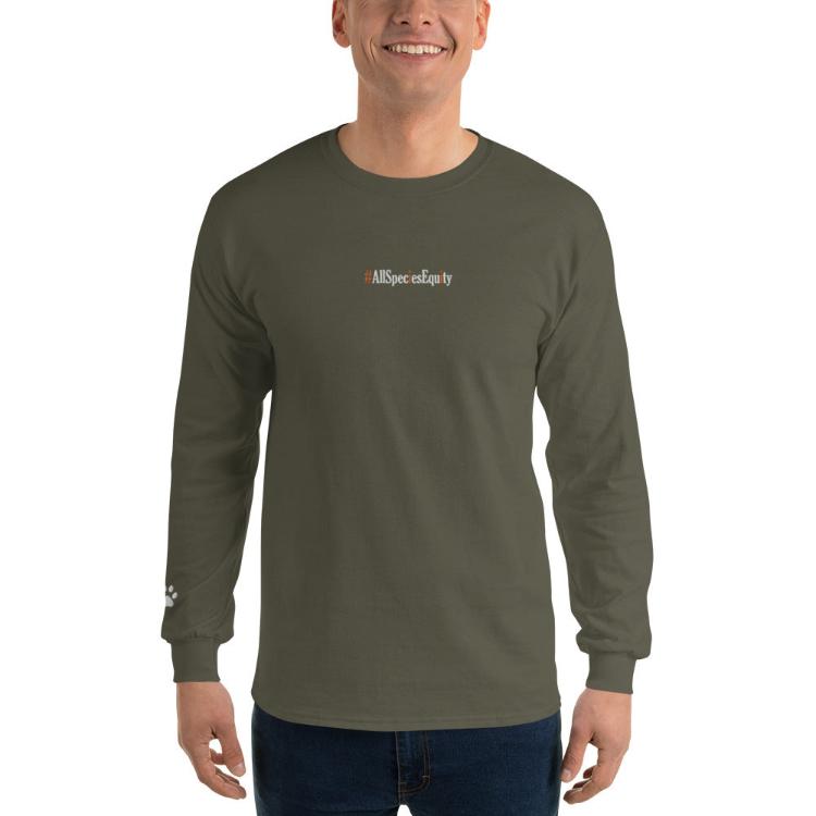 Long sleeve shirt with #AllSpeciesEquity embroidery and paw prints symbolizing unity