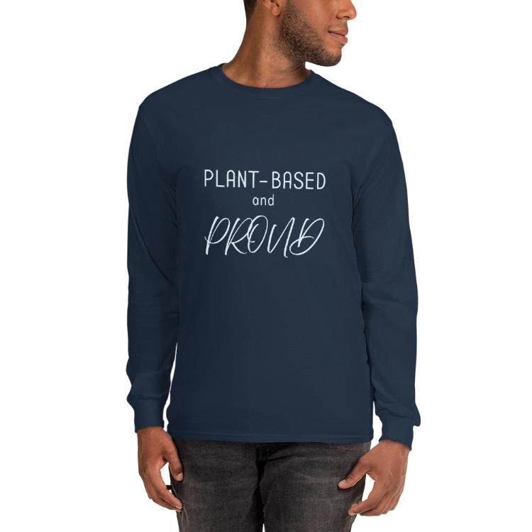 Comfortable long sleeve shirt with 'Plant-Based and Proud' slogan and animal paw prints