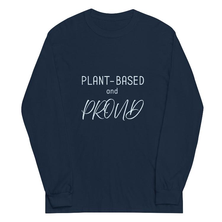 Comfortable long sleeve shirt with 'Plant-Based and Proud' slogan and animal paw prints