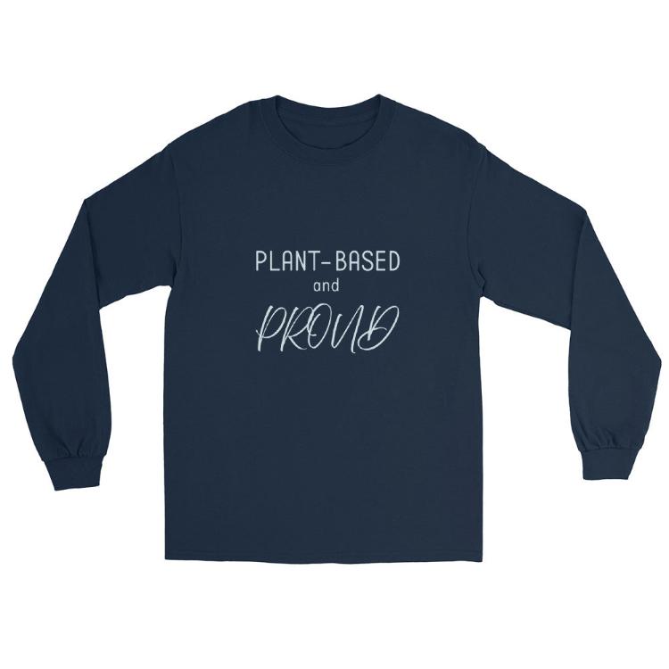 Comfortable long sleeve shirt with 'Plant-Based and Proud' slogan and animal paw prints