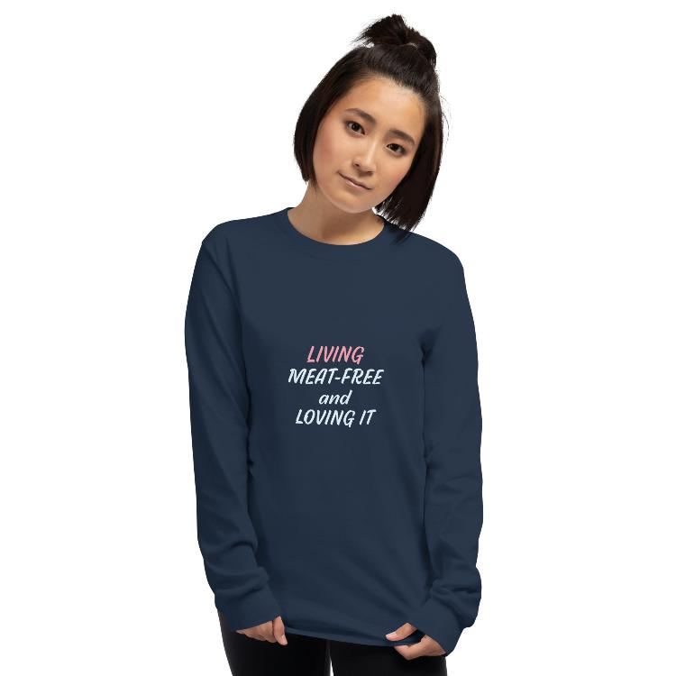 Long sleeve shirt with “Living Meat-Free and Loving It” slogan and animal prints