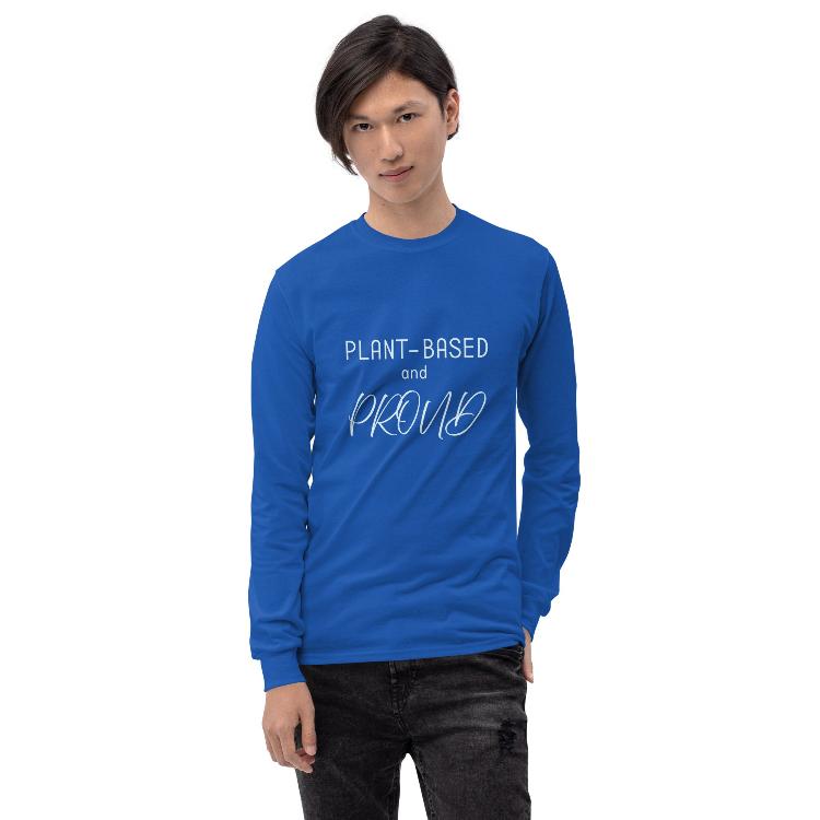 Comfortable long sleeve shirt with 'Plant-Based and Proud' slogan and animal paw prints