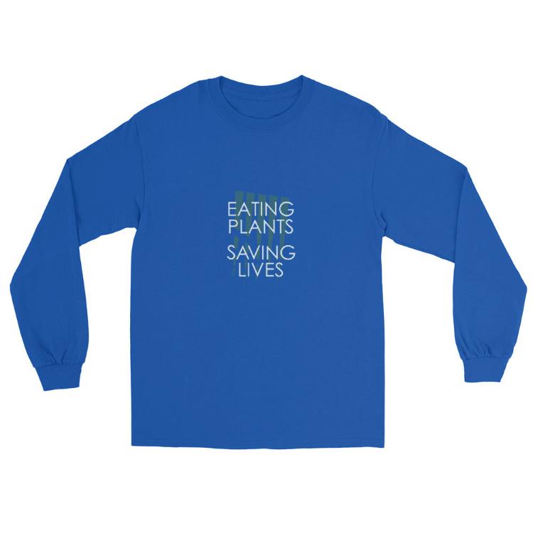 Long sleeve shirt with ‘Eating Plants, Saving Lives’ slogan and animal paw prints