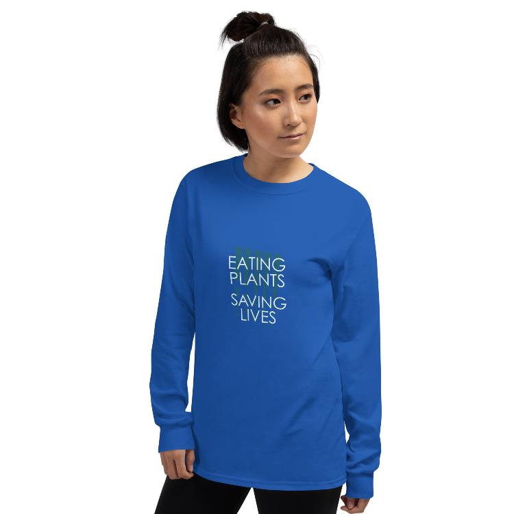 Long sleeve shirt with ‘Eating Plants, Saving Lives’ slogan and animal paw prints