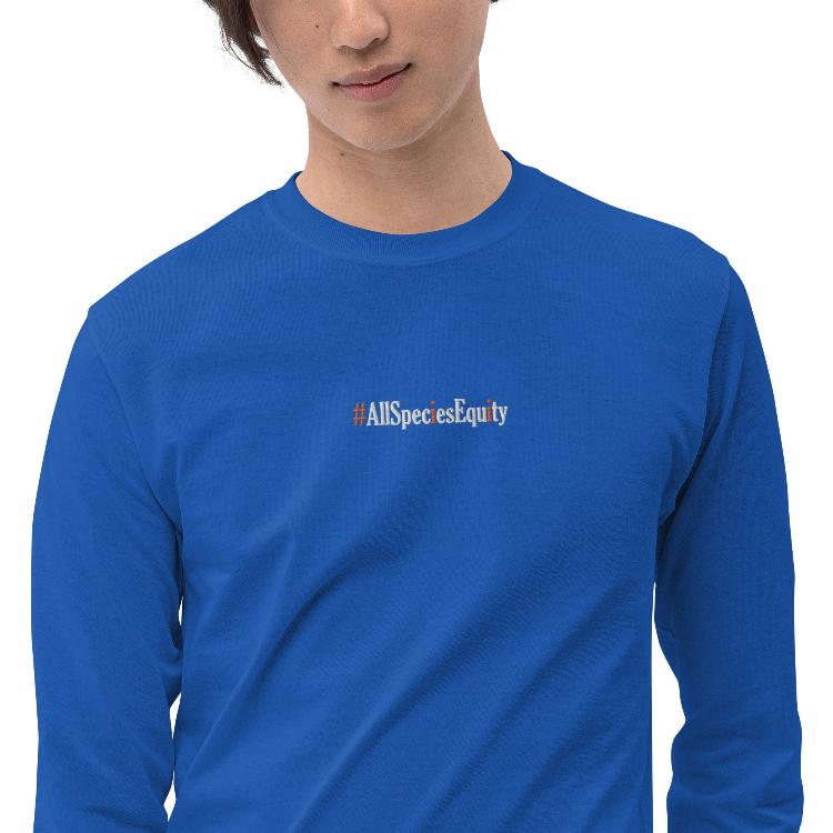 Long sleeve shirt with #AllSpeciesEquity embroidery and paw prints symbolizing unity