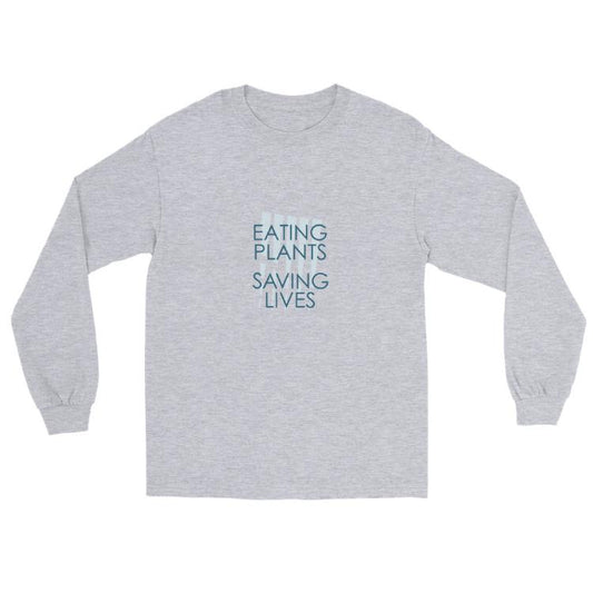 Long sleeve shirt with 'Eating Plants, Saving Lives' slogan and human foot/animal paw prints