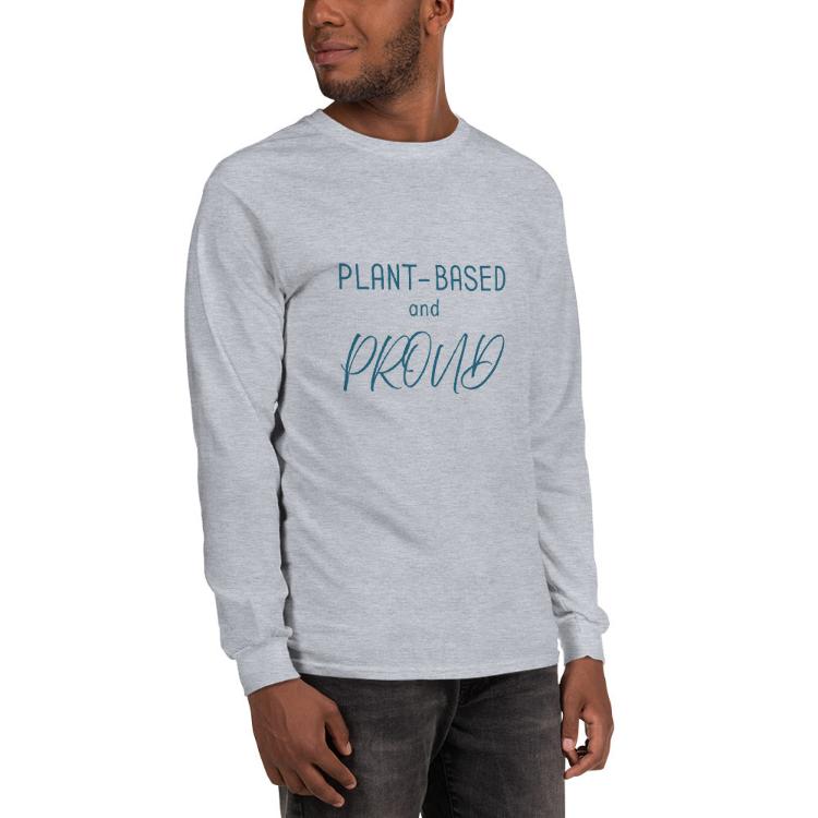 Long sleeve shirt featuring 'Plant-Based and Proud' slogan with animal paw prints