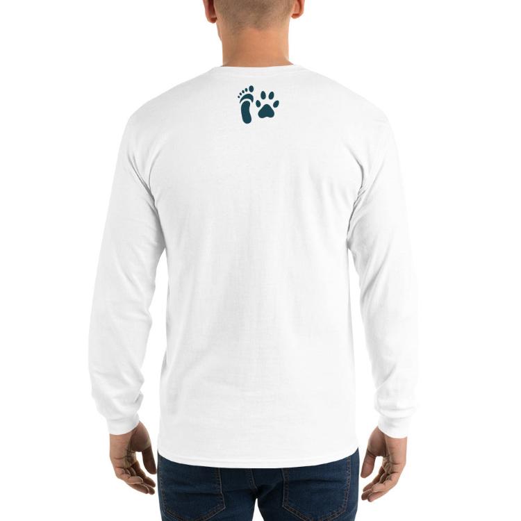 Long sleeve shirt with 'Eating Plants, Saving Lives' slogan and human foot/animal paw prints