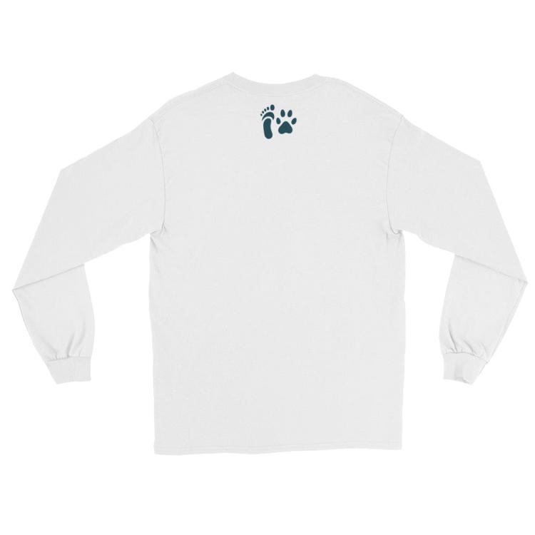 Long sleeve shirt with 'Eating Plants, Saving Lives' slogan and human foot/animal paw prints