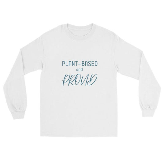 Long sleeve shirt featuring 'Plant-Based and Proud' slogan with animal paw prints