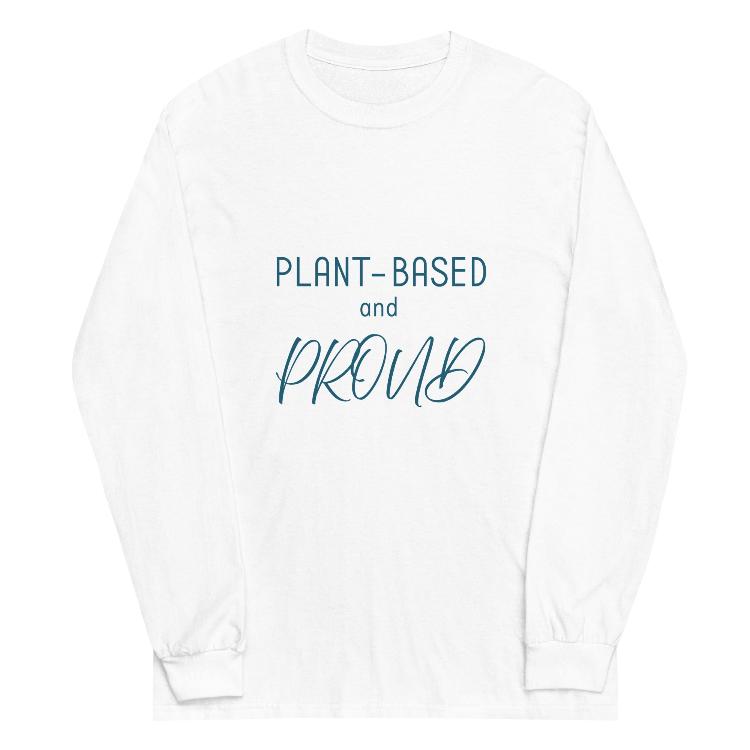 Long sleeve shirt featuring 'Plant-Based and Proud' slogan with animal paw prints