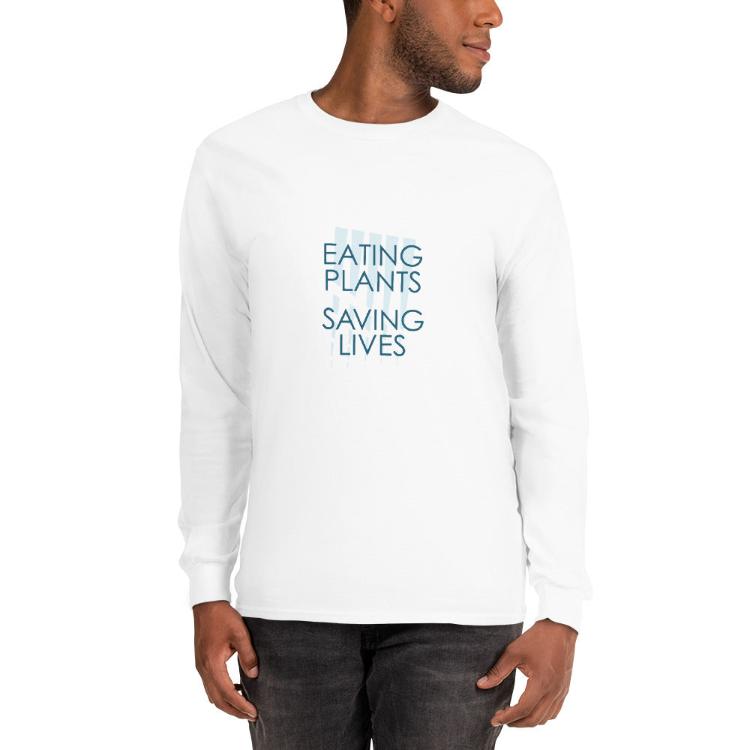 Long sleeve shirt with 'Eating Plants, Saving Lives' slogan and human foot/animal paw prints