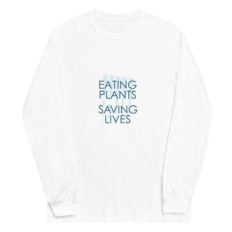 Long sleeve shirt with 'Eating Plants, Saving Lives' slogan and human foot/animal paw prints