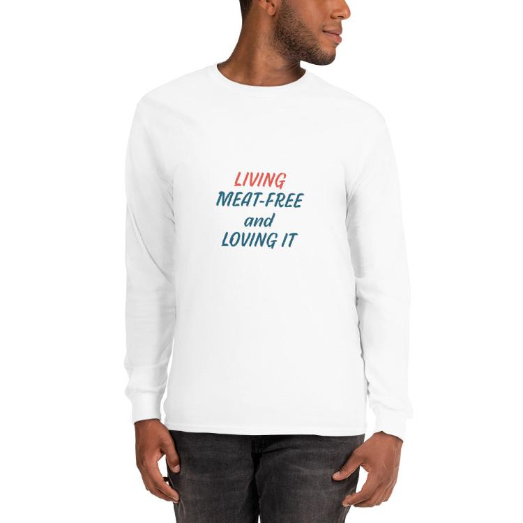 Long sleeve shirt featuring the slogan “Living Meat-Free and Loving It” with animal prints