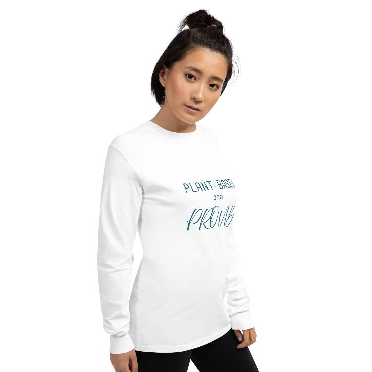 Long sleeve shirt featuring 'Plant-Based and Proud' slogan with animal paw prints