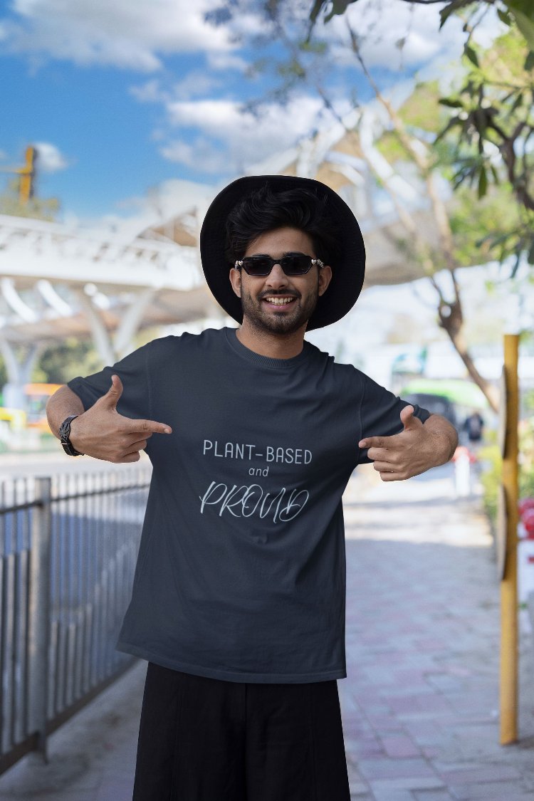 Classic cotton tee with 'Plant-Based and Proud' slogan and animal prints