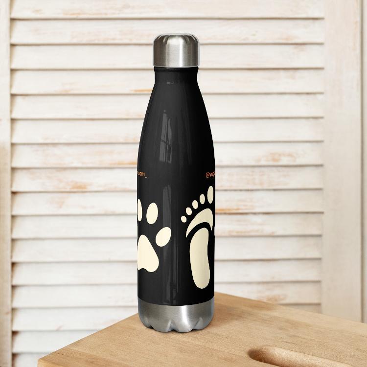 Stainless steel water bottle, Vegetizer.com_ print, human foot and animal paw, unity symbol, eco-friendly, double-wall insulated, leak-proof, vegan campaign, 17-ounce