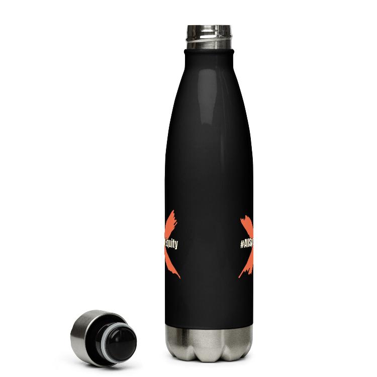 Stainless steel water bottle, #AllSpeciesEquity symbol, double-wall insulated, leak-proof, eco-friendly, animal rights campaign, glossy finish, vegan hydration accessory, sustainable drinkware, 17-ounce