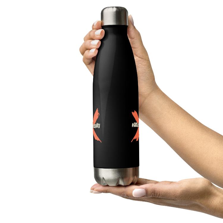 Stainless steel water bottle, #AllSpeciesEquity symbol, double-wall insulated, leak-proof, eco-friendly, animal rights campaign, glossy finish, vegan hydration accessory, sustainable drinkware, 17-ounce