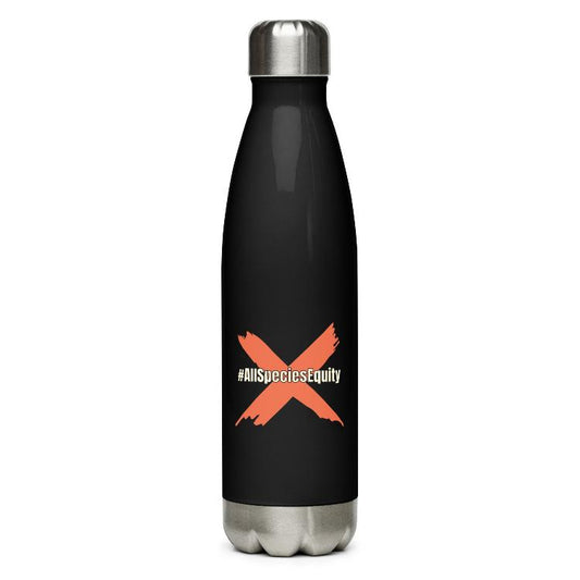 Stainless steel water bottle, #AllSpeciesEquity symbol, double-wall insulated, leak-proof, eco-friendly, animal rights campaign, glossy finish, vegan hydration accessory, sustainable drinkware, 17-ounce