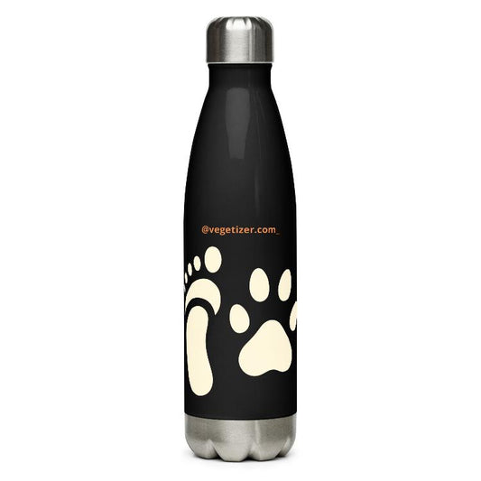 Stainless steel water bottle, Vegetizer.com_ print, human foot and animal paw, unity symbol, eco-friendly, double-wall insulated, leak-proof, vegan campaign, 17-ounce