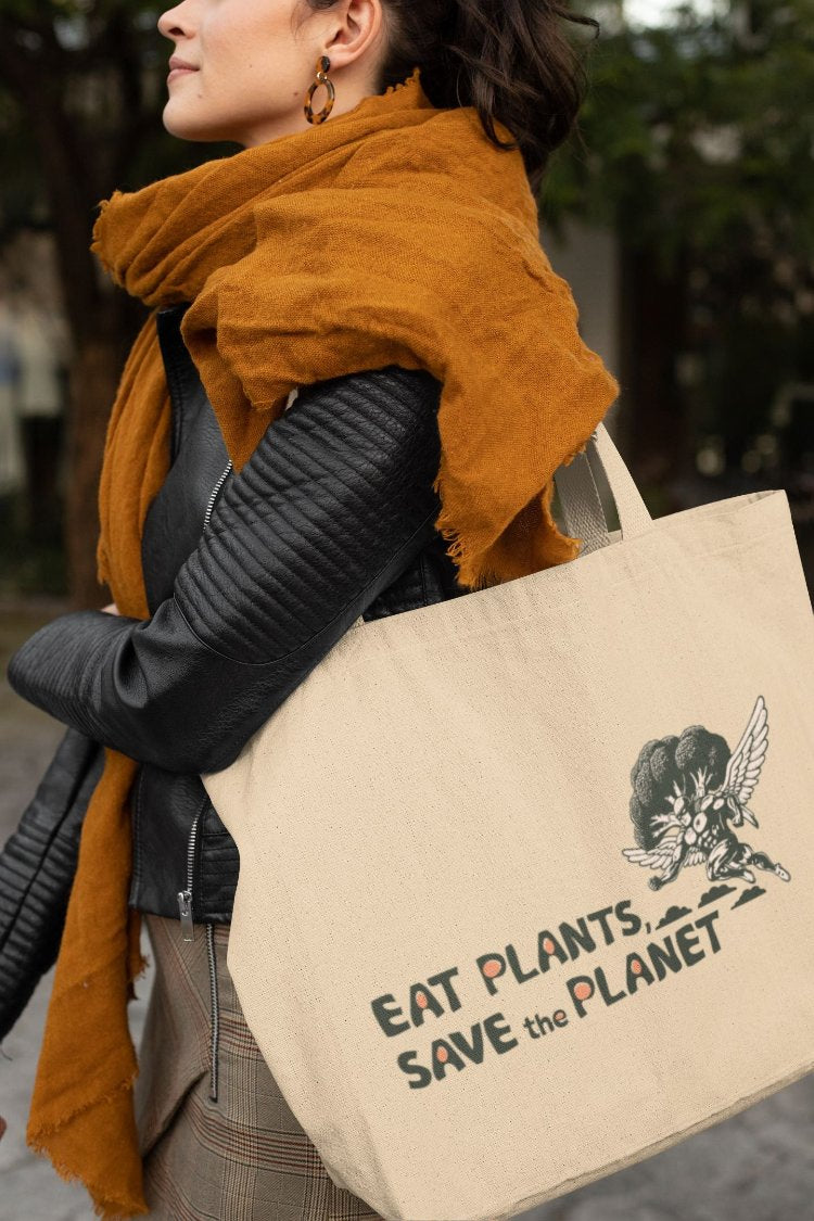 Large Organic Tote Bag - 30-Day Plant-Based Challenge - Eat Plants, Save the Planet - Print