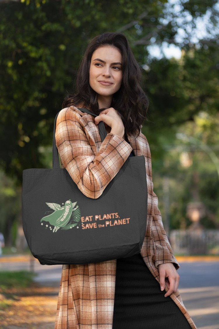 Large Organic Tote Bag - 30-Day Plant-Based Challenge - Eat Plants, Save the Planet - Print