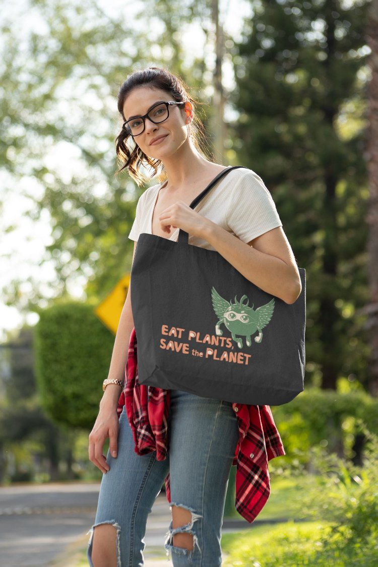 Large Organic Tote Bag - 30-Day Plant-Based Challenge - Eat Plants, Save the Planet - Print