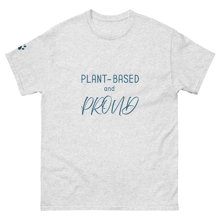 Unisex cotton tee with 'Plant-Based and Proud' slogan and animal prints