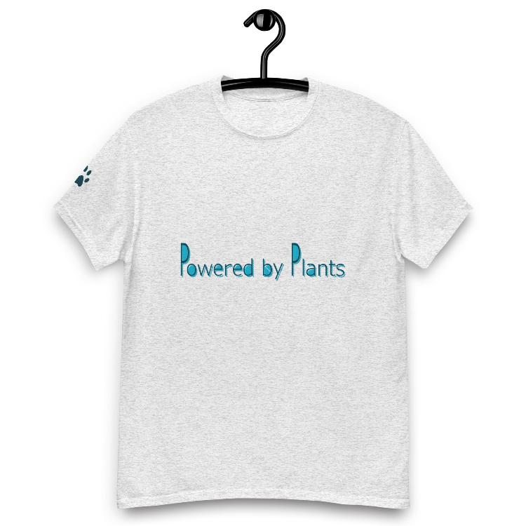 Unisex cotton tee with 'Powered by Plants' slogan and animal harmony design