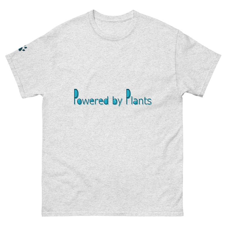 Unisex cotton tee with 'Powered by Plants' slogan and animal harmony design