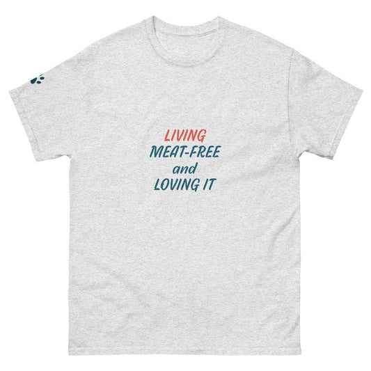 Classic cotton tee with 'Living Meat-Free and Loving It' slogan promoting plant-based living