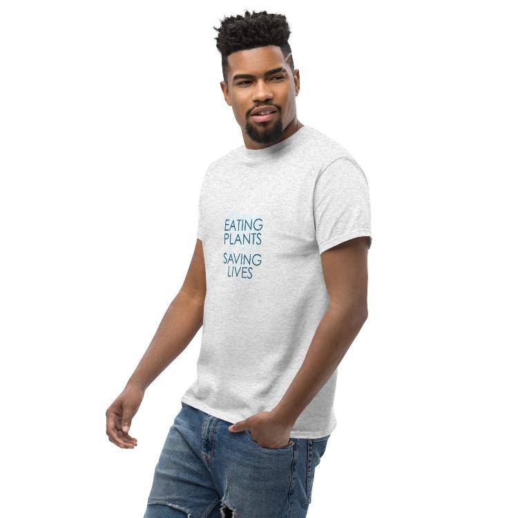 Cotton tee with 'Eating Plants, Saving Lives' slogan and animal prints