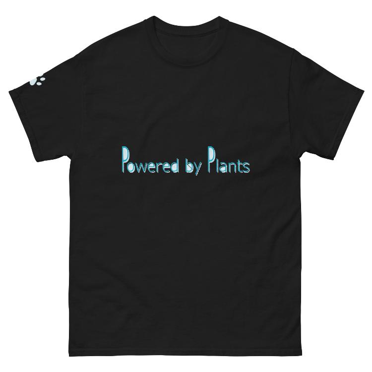 Classic cotton tee with 'Powered by Plants' slogan promoting a plant-based lifestyle