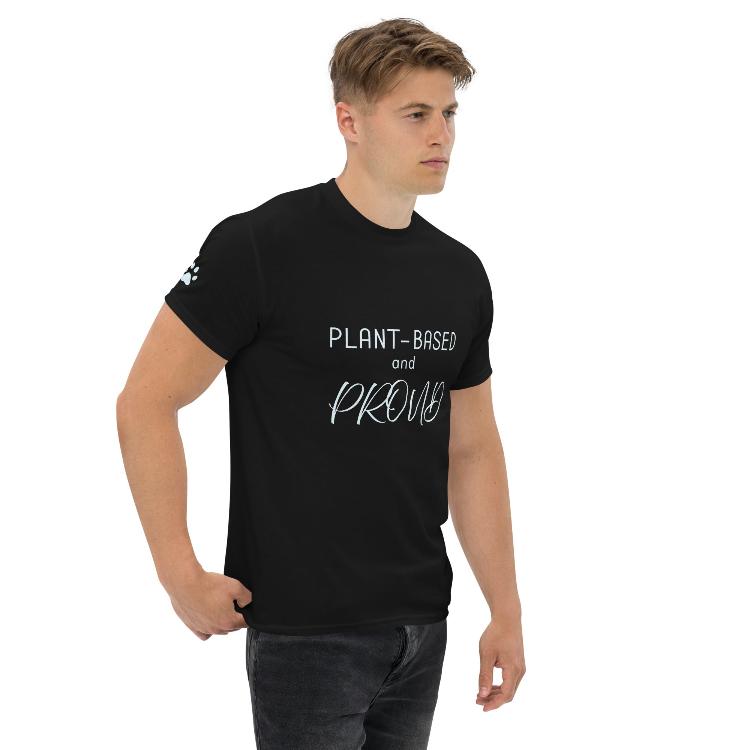 Classic cotton tee with 'Plant-Based and Proud' slogan and animal prints