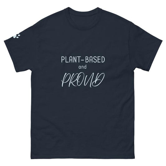 Classic cotton tee with 'Plant-Based and Proud' slogan and animal prints