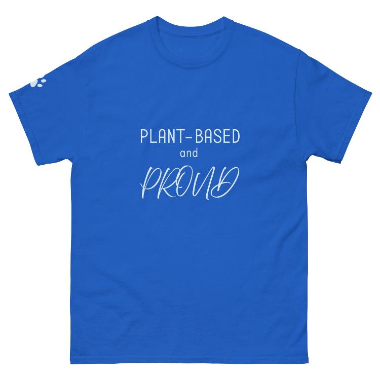 Classic cotton tee with 'Plant-Based and Proud' slogan and animal prints