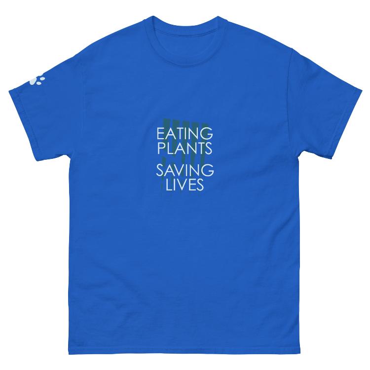 Unisex cotton tee featuring the slogan 'Eating Plants, Saving Lives' and a design symbolizing harmony between humans and animals