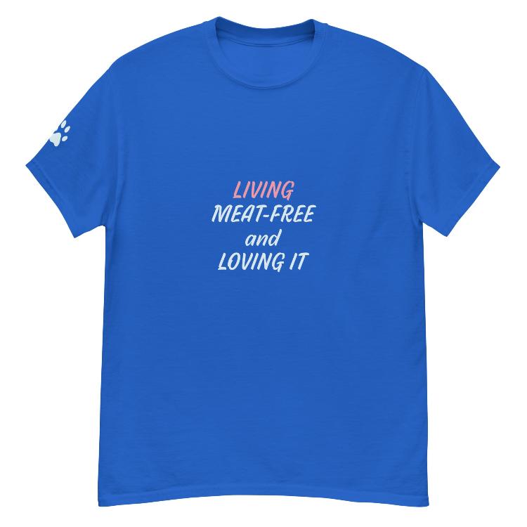 Classic cotton tee with 'Living Meat-Free and Loving It' slogan, promoting plant-based living